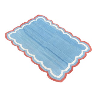Handmade Cotton Area Rug, Sky Blue Scalloped With Terracotta Border - 12'x15' For Sale