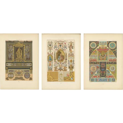 Racinet, Renaissance Decorative Panel, 1873, Chromolithographs, Set of 3 For Sale