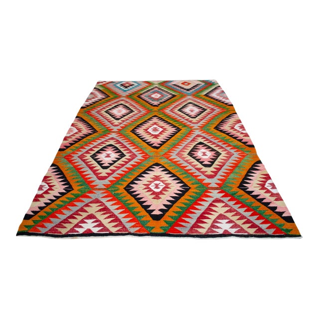 Vintage Turkish Rug Kilim, Handwoven Primitive Tribal Statement, Bohemian Area Rug - 6′4″ X 9′4″ For Sale