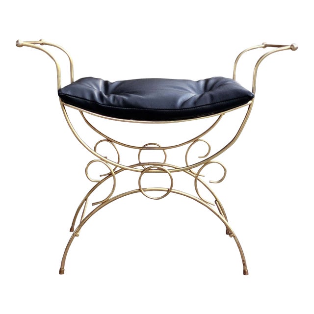 Vintage Art Deco Brass Vanity Seat Window Bench W/ Tuft Cushion For Sale