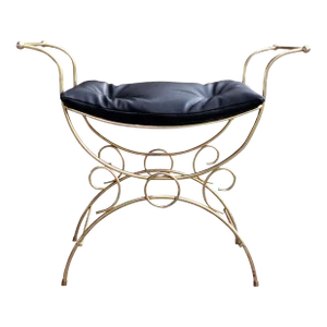 Vintage Art Deco Brass Vanity Seat Window Bench W/ Tuft Cushion