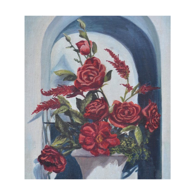 1940s Tromp L'oeil Still Life Rose and Amaranth in Alcove Wonderful rose and amaranth still life in an alcove by Riverda...