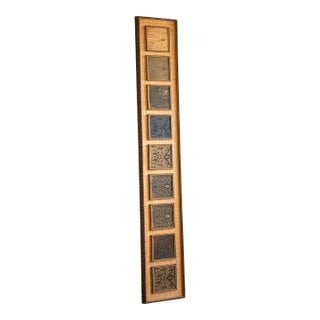Oversized Tall Vertical Textile Panel With Batik Insets and Grasscloth Backing, Carved Custom Wood Frame, Architectural Wall Art For Sale