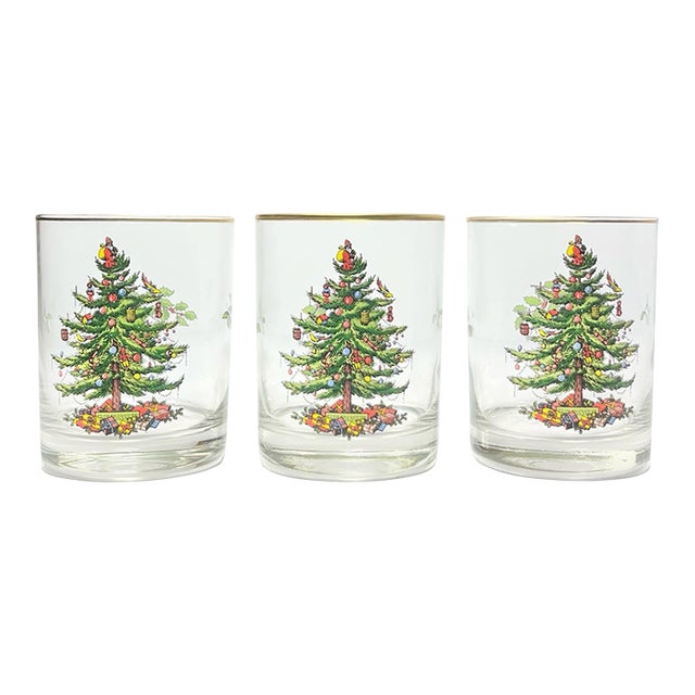 1990s Spode “Christmas Tree” Old Fashioned Tumbler Drinking Glasses - Set of 3 For Sale