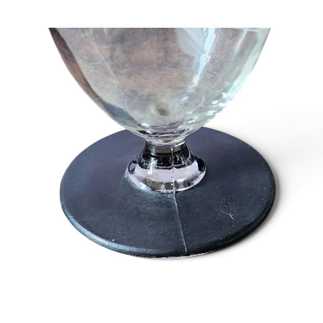 Art Deco Set 5 Vintage Black Footed & Rimmed Etched Crystal Glass Stemware Juice Glasses. 1930s For Sale - Image 3 of 8