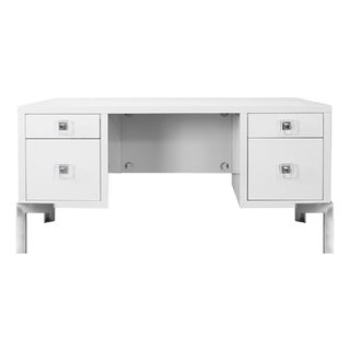 Matthew Izzo Home Cosby White Lacquer Writing Desk With Nickel Legs and Acrylic and Nickel Knobs For Sale