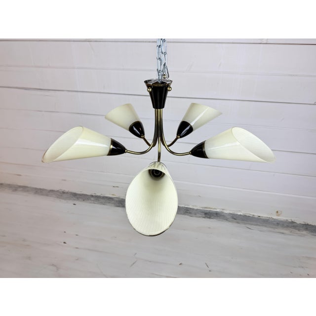 Metal Mid-Century Modern 5-Arm Brass Chandelier with White Glass Cone Shades, 1960s For Sale - Image 7 of 9
