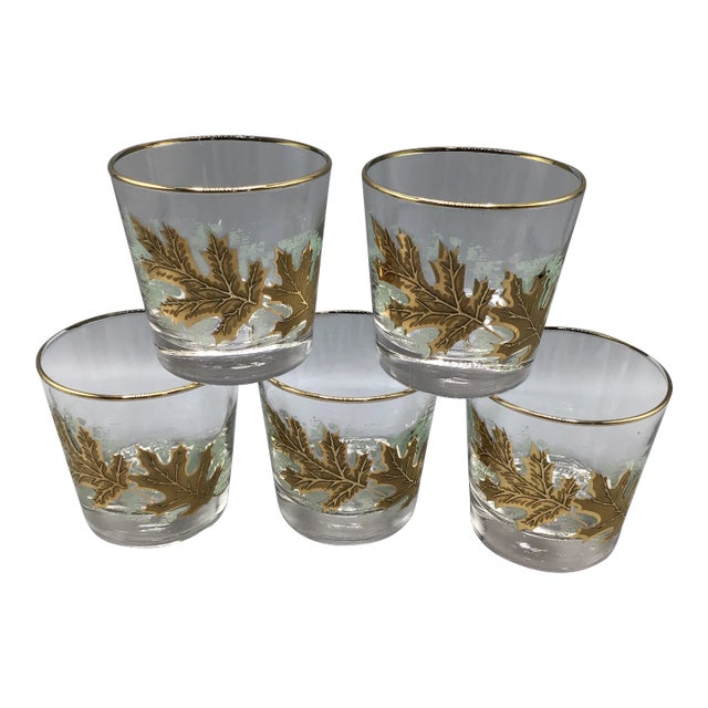 Libbey Gold Oak Leaf/Gold Rim Low Ball Glasses Whiskey Glasses-Set of 5 For Sale