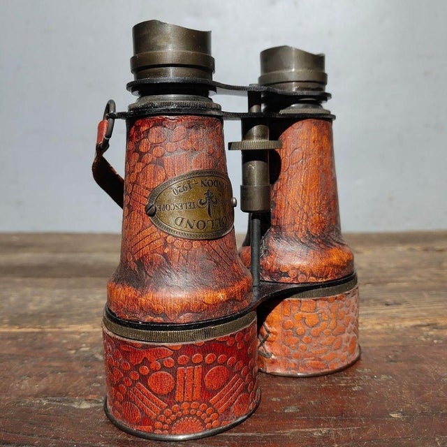 Early 20th Century Leather-Cased Binoculars – 5.5" Brass & Leather Field Glasses With Case For Sale - Image 9 of 9