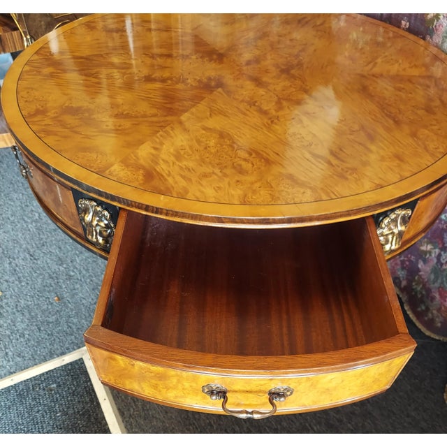 1920's Joseph Gerte Parcel Gilt Mahogany & Burlwood Drum Table For Sale - Image 10 of 12