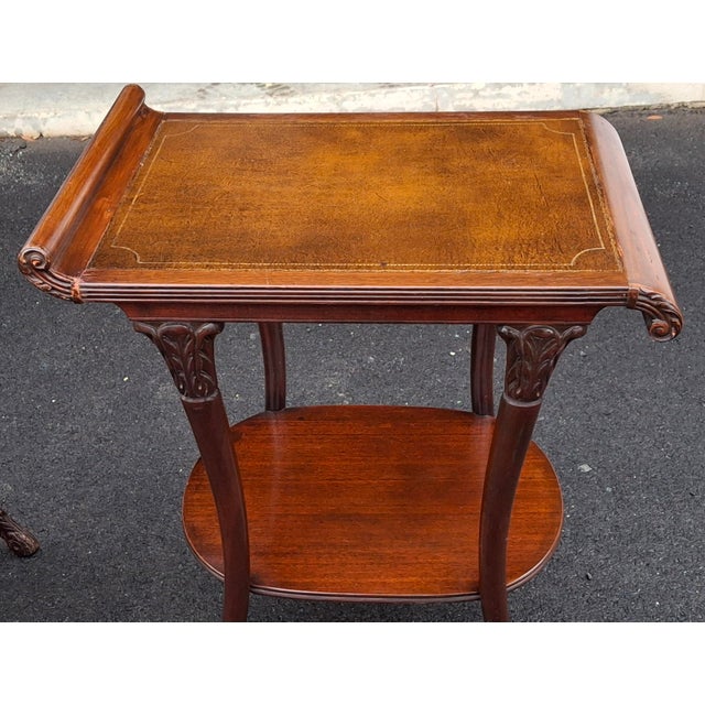 Pair Late 19th Century Victorian Regency Style Carved Mahogany and Tooled Leather Inset Side Tables For Sale - Image 12 of 16