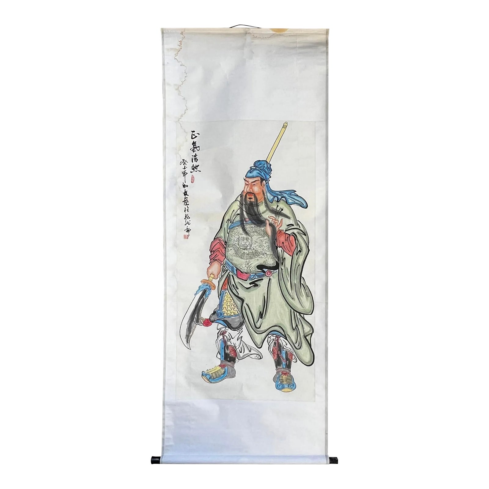 Chinese Color Ink General Guan Portrait Scroll Painting Wall Art | Chairish