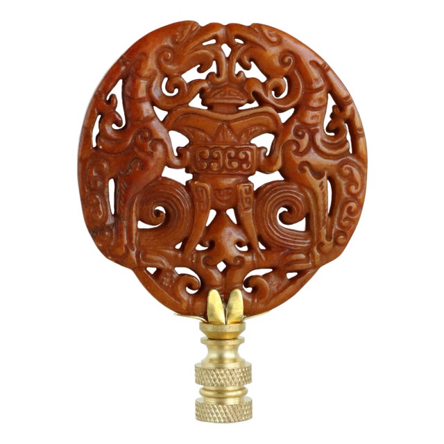 Chinese Censer Form Carved Stone Lamp Finial on Brass Hardware For Sale