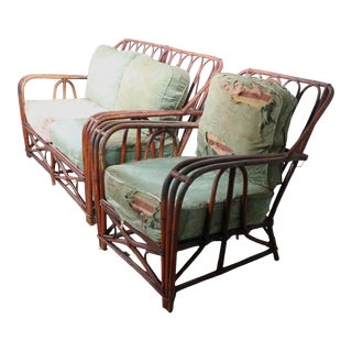 2 Pc Set of Vintage Bamboo Loveseat and Lounge Chair C. 1950's After Ficks Reed, Tropical Sun Rattan C. 1940/50's For Sale