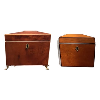 1980s Set of 2 Wooden Tea Caddies, Georgian Sarcophagus Form For Sale