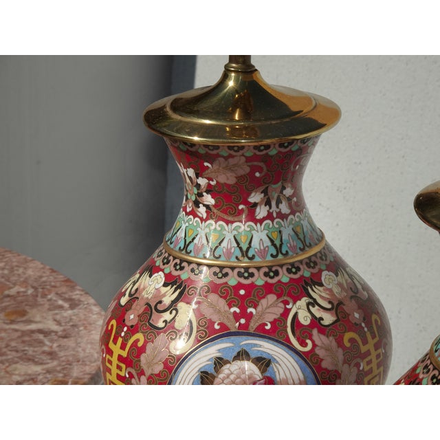 Vintage Asian Chinoiserie Cloisonne Red Table Lamps - a Pair For Sale - Image 11 of 15