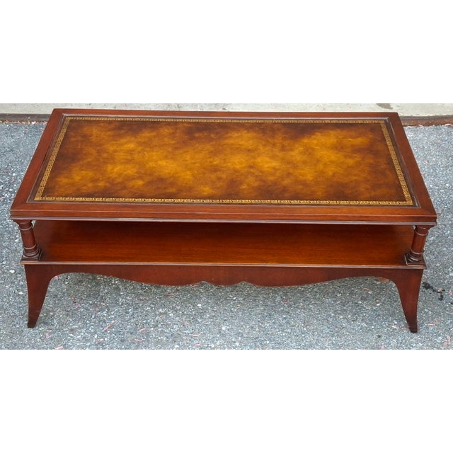 1940s 1940s English Regency Style Tooled Leather Inset Mahogany Two-Tier Coffee Table For Sale - Image 5 of 15