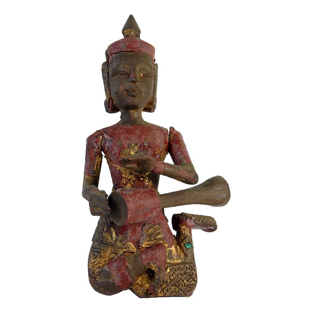 Vintage Polychrome Wood Thai Musican Figurine, 1960s For Sale