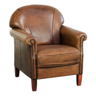 Vintage Sheepskin Armchair with Decorative Nails For Sale