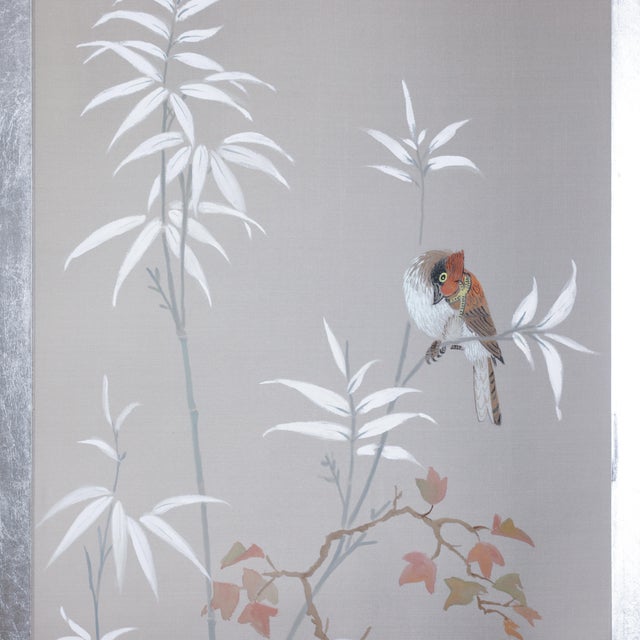 Vintage Chinese Hand-Painted Four-Panel Silk Folding Screen – Bamboo & Bird Motif For Sale - Image 11 of 13
