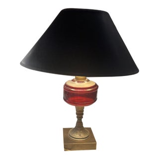 Antique Cranberry Glass Electrified Metal Base Table Lamp For Sale