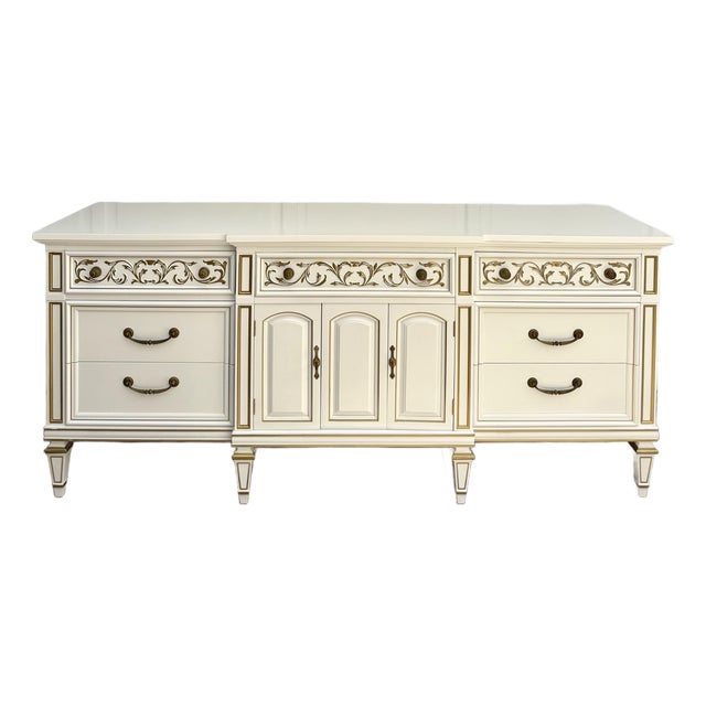 1970s Thomasville Dresser Credenza Newly Refinished in White With Gold Details For Sale
