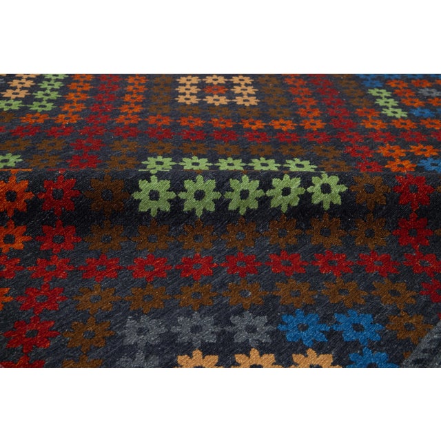 Dark Gray Multicolor Geometric Modern Soumak Wool Rug For Sale - Image 8 of 10