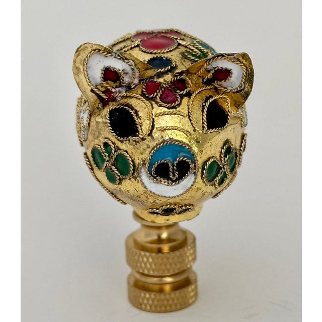 Chinoiserie Cloisonne Pig Lamp Finials on Brass Hardware - a Pair For Sale - Image 3 of 5