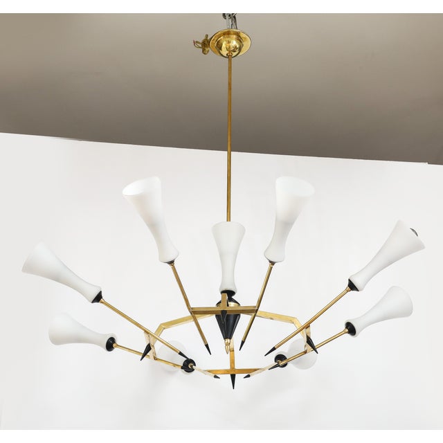 Mid-Century Modern 1960s Mid-Century Modern Attributed to Stilnovo Large 8 Arm Modernist Brass Chandelier For Sale - Image 3 of 16