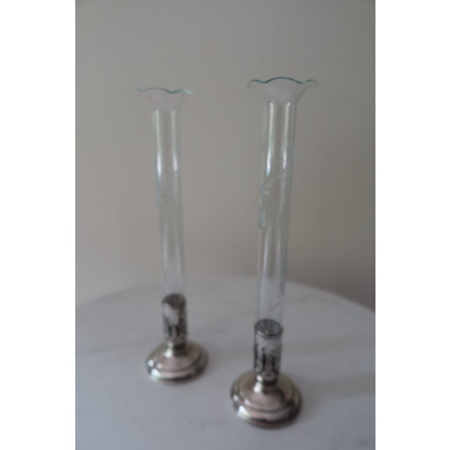 1910s Pair of Antique Weighted Sterling Silver & Etched Glass Bud Vases — Gothic Reticulated Collar, C. 1900–1930 For Sale - Image 5 of 6