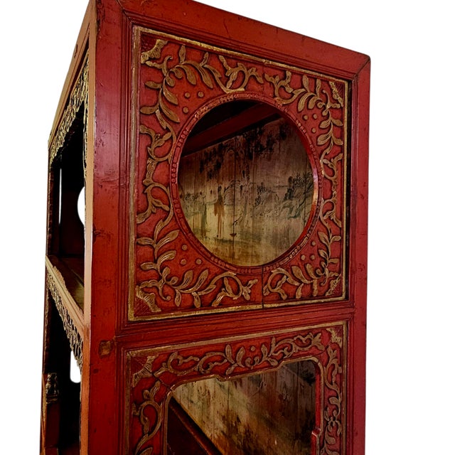 Antique Chinese Red Lacquer Scholar Cabinet With Carved Fretwork, 75.5", Late Qin G / Early Republic For Sale - Image 11 of 18