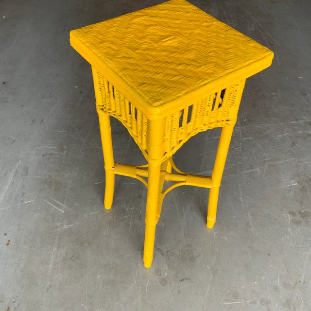 Shabby Chic 1980s Vintage Bright Yellow Wicker Side Table For Sale - Image 3 of 7