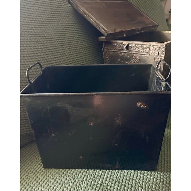 Antique Early 20th Century Nautical Themed Wooden Coal/Firewood Box With Brass Embossed Exterior Panels For Sale - Image 12 of 12