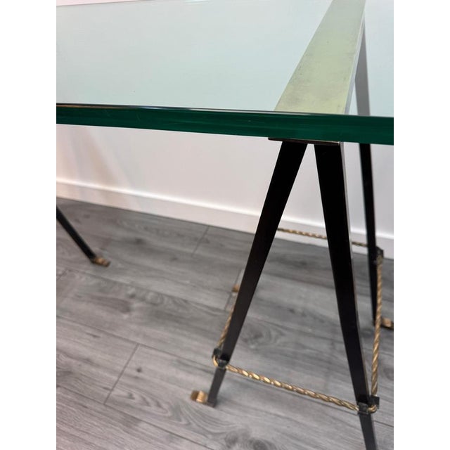 Iron and Brass Trestle Console with Glass Top, 1950s For Sale - Image 10 of 14