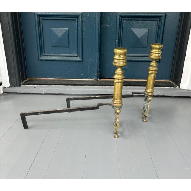 Antique Brass Fireplace Andirons With Iron Log Supports | English Style Turned Finials | 19” Tall For Sale - Image 4 of 8