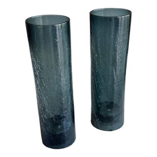 Tall Crackle Glass Hurricane Candle Holders Slate Blue - Pair For Sale