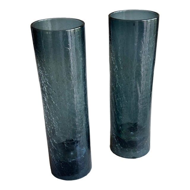 Tall Crackle Glass Hurricane Candle Holders Slate Blue - Pair For Sale