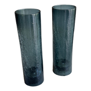 Tall Crackle Glass Hurricane Candle Holders Slate Blue - Pair