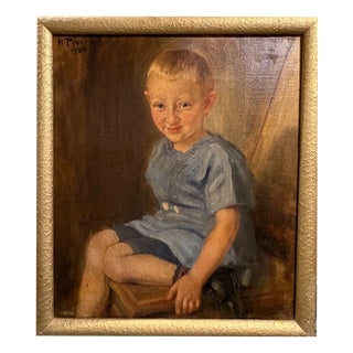 Heinrich Pforr, Childhood Study: Seated Boy in a Blue Smock, 1924, Oil on Canvas For Sale