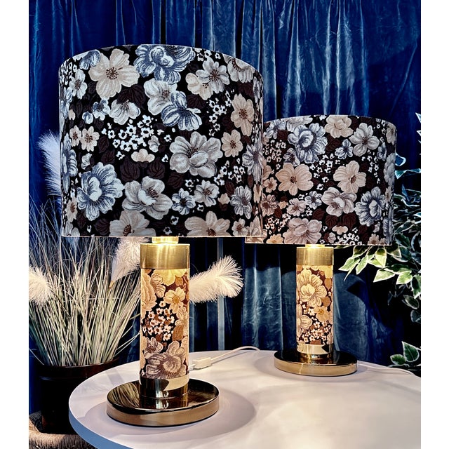 Large Brutalist Table Lamps in Velvet and Brass with Opulent Floral Decor, 1970s, Set of 2 For Sale - Image 13 of 18