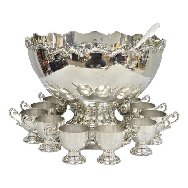 Vintage Large Silver Plated Pedestal Punch Bowl Set W/ 12 Cups - 14 Pc Set For Sale