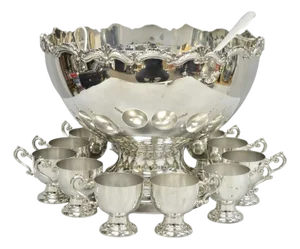 Vintage Large Silver Plated Pedestal Punch Bowl Set W/ 12 Cups - 14 Pc Set