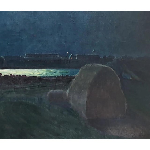 Realism Original Moonlit Night Oil Painting, Farm Art, 1969 For Sale - Image 3 of 6