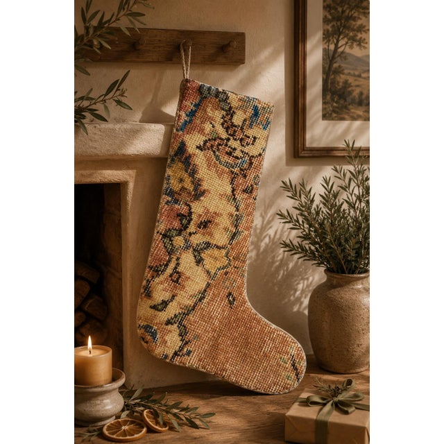 One of a Kind Vintage Wool Kilim Christmas Stocking – Camel & Rust Vine Pattern, 12.2 X 18.1 in – Boho Turkish Holiday Decor For Sale - Image 6 of 6