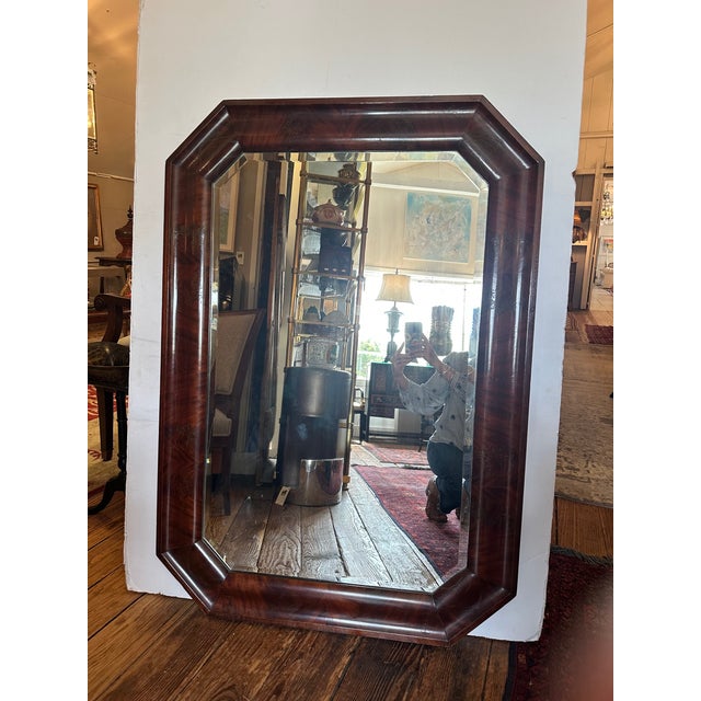 Very large impressive American Crotch mahogany octagonal beveled mirror. Original mirror Empire style