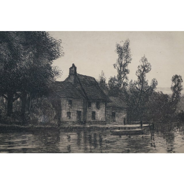 Antique Charles Mielatz Signed Waterfront House W Dock Landscape Etching 23" For Sale - Image 12 of 13