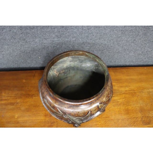 Japanese Japanese Bronze Jardinière With Bird and Floral Relief For Sale - Image 3 of 11