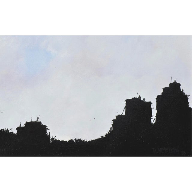 Serene silhouetted landscape scene of a pueblo community against a beautiful pale blue and lavender sky by Duane Albert...