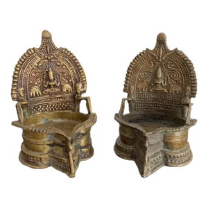 Pair Early 20th Century Brass Oil Lamps Metal Gajalakshmi Elephants South India Indian