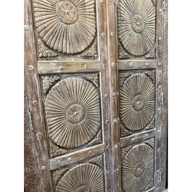 Antique Sunburst Carved Cabinet – Vintage White Distressed Armoire Wardrobe For Sale - Image 11 of 11